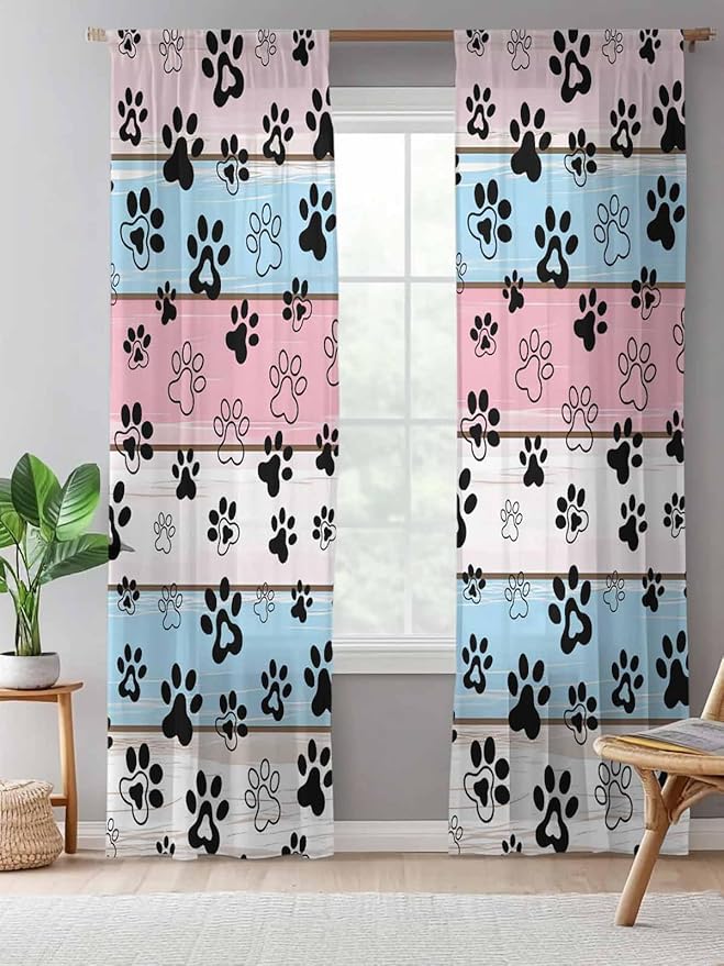 Sheer Curtains 108 Inches Long, Pink Blue Paw Print Semi Sheer Curtains Light Filtering Window Treatment, Vintage Farmhouse Wooden Grain Privacy Voile Drapes for Living Room Bedroom 52x108 Inch