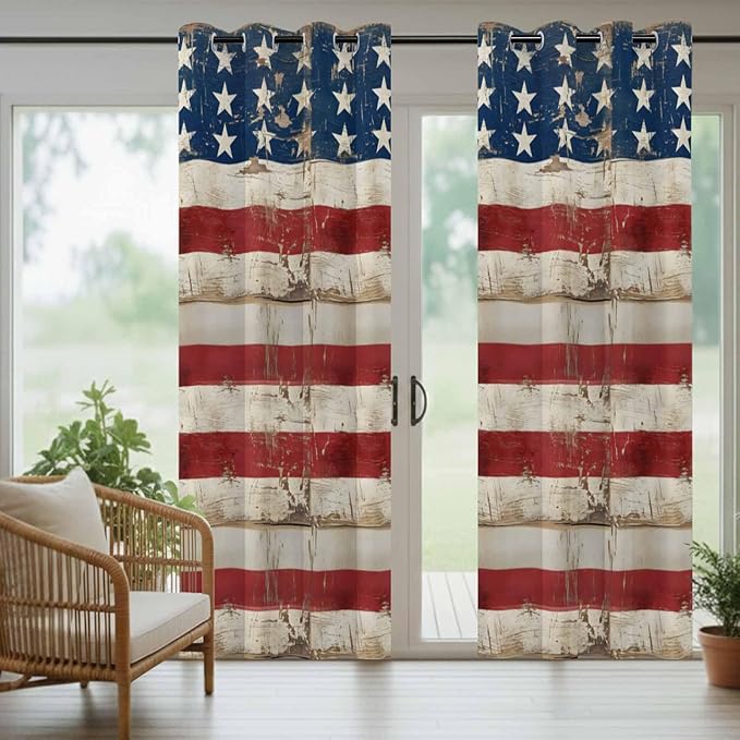 4th of July Outdoor Curtains for Patio USA Flag Independence Day Vintage Waterproof Outside Curtains with Grommet Top Weatherproof Curtain for Cabana Pergola Gazebo, 1 Panel, 54" W x 108" L