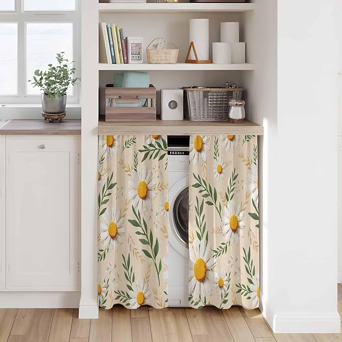 Spring Daisy Tier Curtains, Country Watercolor Flower Leaf Plant Light Filtering Kitchen Curtains, 2Pcs Rod Pocket Half Window Treatments Panels for Sink Cafe Cabinet Basement 27.5x45 Inches