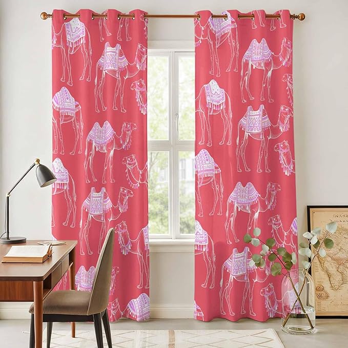 2 Panel Kitchen Cafe Curtains, Desert Camel Sunlight Filtering Nature Air Through, Home Decor Window Covering Tier Curtains for Living Room 80W x 84L inch Summer Sand Camel Animal Vintage Pink