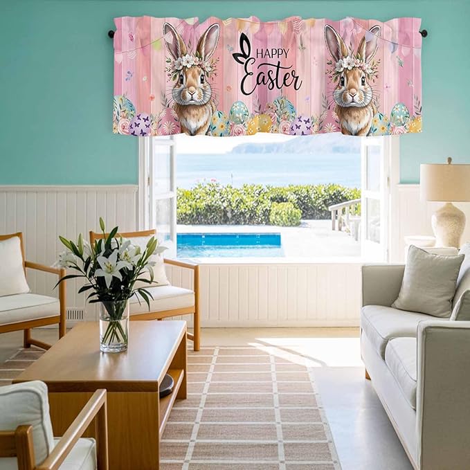 Easter Curtain Valances for Windows, Kitchen Valance Window Treatment, Spring Rabbit Eggs Flowers Flags Leaves Wood Grain Light Filtering Block Curtains for Bathroom/Bedroom/Living Room 42'' x 18''