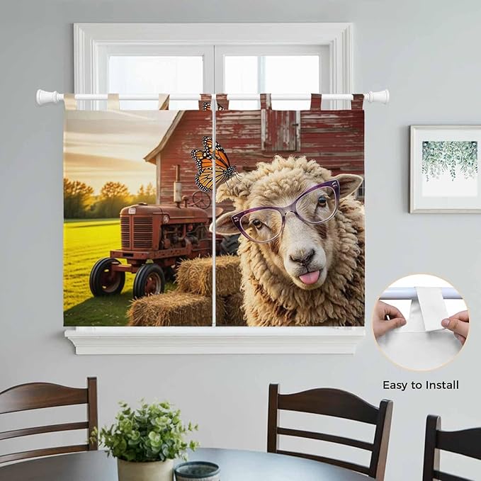 Farm Sheep Bedroom Curtains 63 Inch Length, Window Curtains Tab Top, Farmhouse Barn Funny Animals Butterfly Light Filtering Window Treatments Drapes 42"x63" 2 Panel