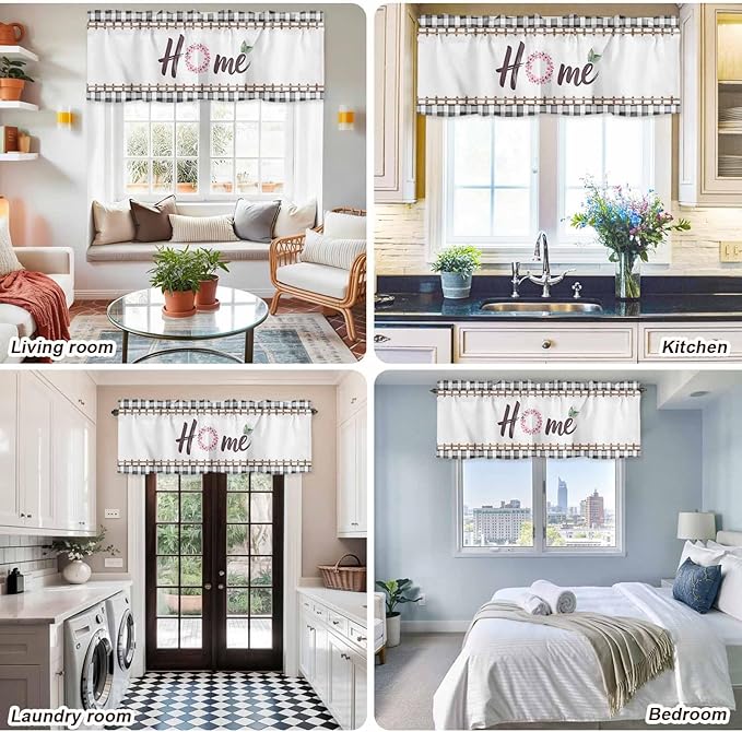 Spring Flowers Curtain Valances for Windows, Kitchen Valance Window Treatment, Watercolor Floral Leaf Black Plaid Light Filtering Block Curtains for Bathroom/Bedroom/Living Room 42'' x 12''