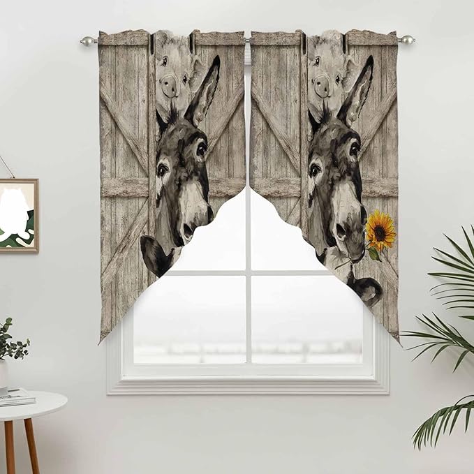 Funny Farm Animals Swag Valances for Windows, Vintage Barn Brown Sunflowers Rod Pocket Kitchen Curtains Valance, Kitchen Window Curtains Swag for Cafe Bathroom Living Room, 2 Panels, 36x63 inch