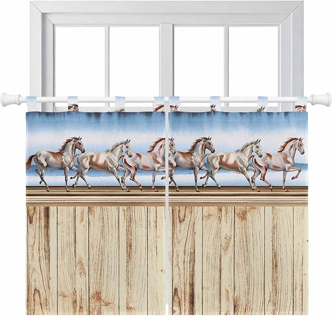 Western Horse Bedroom Curtains 63 Inch Length, Window Curtains Tab Top, Farmhouse Wooden Grain Vintage Cowboy Barn Door Light Filtering Window Treatments Drapes 42"x63" 2 Panel