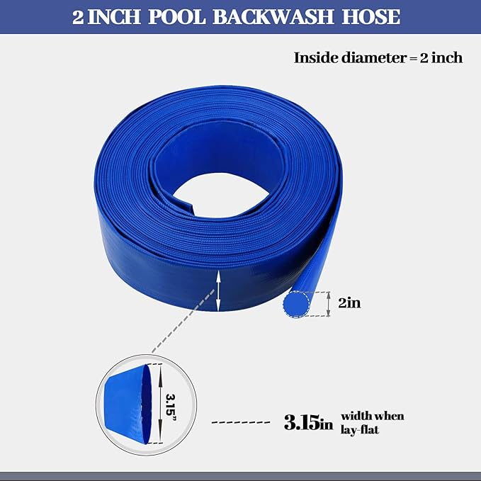 2 IN x 50 FT Pool Backwash Hose, Heavy Duty Flat Discharge Hose, Weather and Burst Resistant, Best Pool Hoses for Inground Pools, Pool Filter Hose & Pool Drain Hose