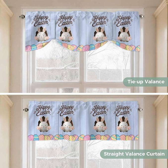 Blue Easter Tie Up Valance Curtains for Windows, Kitchen Curtains Window Shades, Spring Cartoon Bunny Colorful Eggs Wood Grain Light Filtering Roman Curtain Valances for Bedroom/Bathroom/Cafe 42"x18"