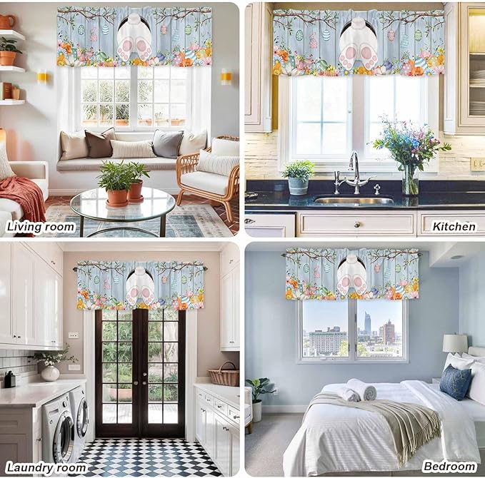 Easter Curtain Valances for Windows, Kitchen Valance Window Treatment, Spring Watercolor Bunny Eggs Flower Wood Grain Blue Light Filtering Block Curtains for Bathroom/Bedroom/Living Room 60'' x 18''