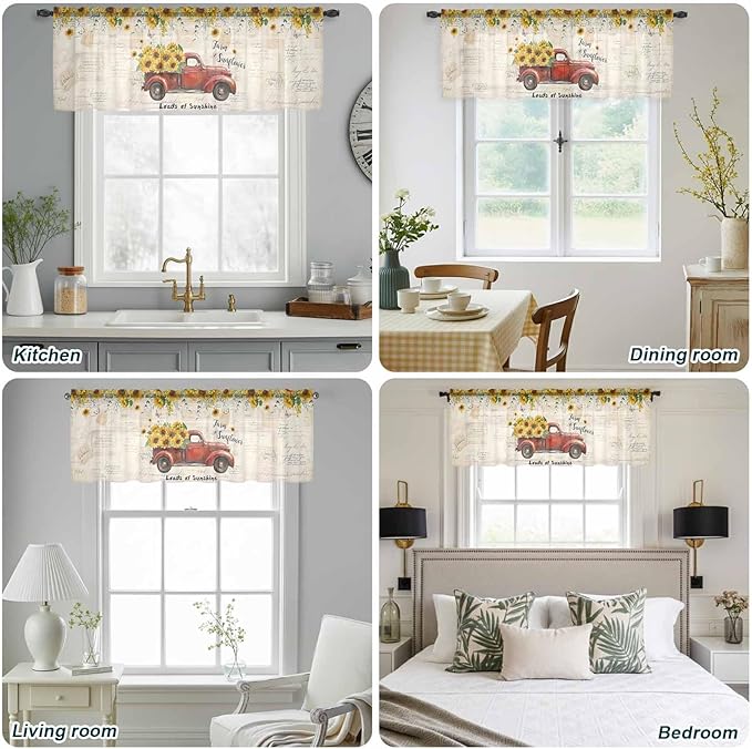 Farmhouses Sunflowers Sheer Valance Curtains, Retro Floral Leaves Red Truck Vintage Light Filtering Kitchen Valances Rod Pocket Voile Curtain Window Treatment for Bedroom/Living Room/Basement 42Wx12L