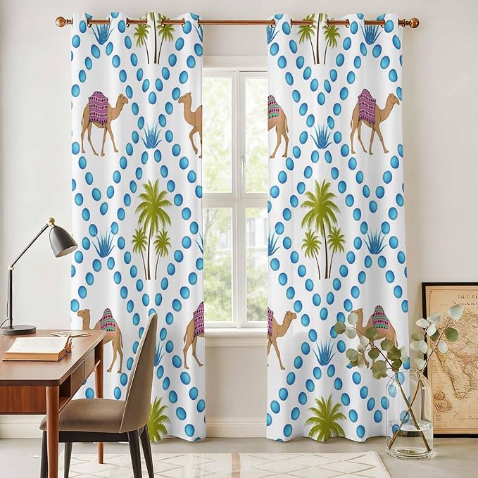 2 Panel Kitchen Cafe Curtains, Camels Palm Trees Sunlight Filtering Nature Air Through, Home Decor Window Covering Tier Curtains for Living Room 104W x 96L inch Tropical Desert Animal Plants Polka Dot