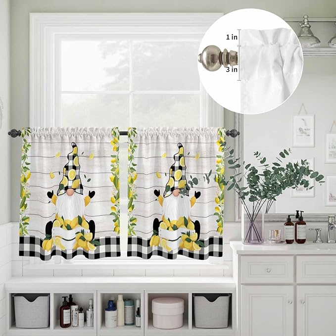 Lemon Gnomes Kitchen Curtains Set 3 Piece for Windows, Rod Pocket Valance and Tier Set 24 Inch Length, Summer Botanical Fruit Wooden Grain Plaid Light Filtering Cafe Curtains for Living Room Bathroom