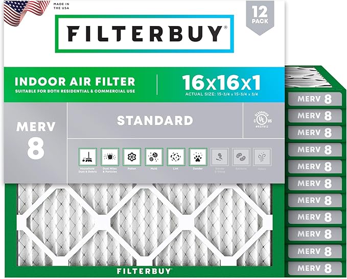 Filterbuy 16x16x1 Air Filter MERV 8 Essential Dust & Allergy Defense (12-Pack), Electrostatic Pleated HVAC AC Furnace Filters Replacement, Made in USA (Actual Size: 15.75 x 15.75 x 0.75)