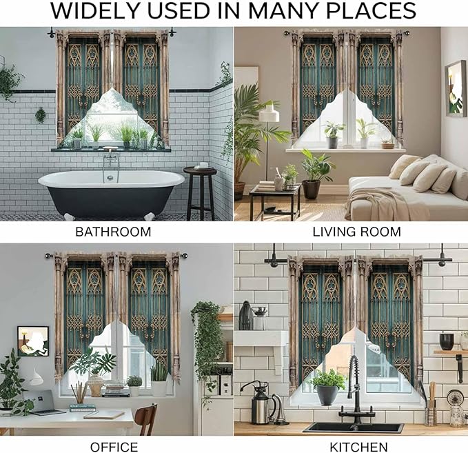 Turquoise Vintage Door Swag Valances for Windows, Countryside Barn Abstract Art Rod Pocket Kitchen Curtains Valance, Small Window Curtains Swag for Cafe Bathroom Living Room, 2 Panels, 36x36 inch