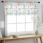 Teal Seahorse Starfish Sheer Valance Curtains, Summer Beach Coral Shell Board Light Filtering Kitchen Valances Rod Pocket Voile Curtain Window Treatment for Bedroom/Living Room/Basement 42Wx12L
