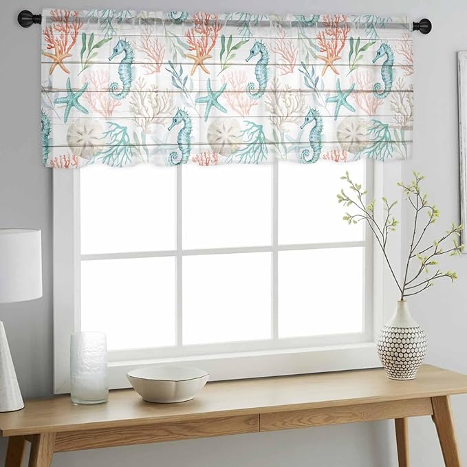 Teal Seahorse Starfish Sheer Valance Curtains, Summer Beach Coral Shell Board Light Filtering Kitchen Valances Rod Pocket Voile Curtain Window Treatment for Bedroom/Living Room/Basement 54Wx18L