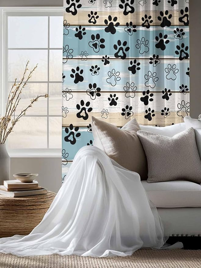Sheer Curtains 72 Inches Long, Blue Beige Paw Print Semi Sheer Curtains Light Filtering Window Treatment, Vintage Farmhouse Country Wood Grain Privacy Voile Drapes for Living Room Bedroom 52x72 Inch