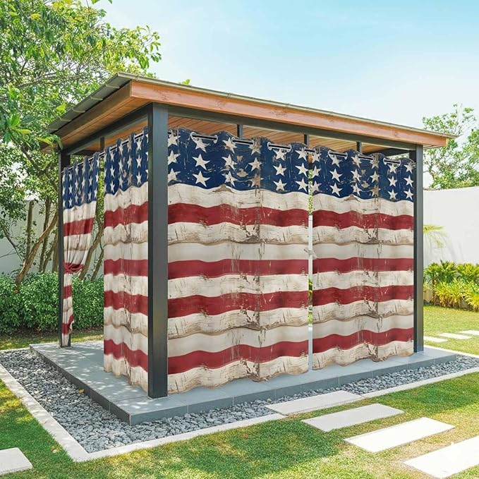 4th of July Outdoor Curtains for Patio USA Flag Independence Day Vintage Waterproof Outside Curtains with Grommet Top Weatherproof Curtain for Cabana Pergola Gazebo, 1 Panel, 54" W x 84" L