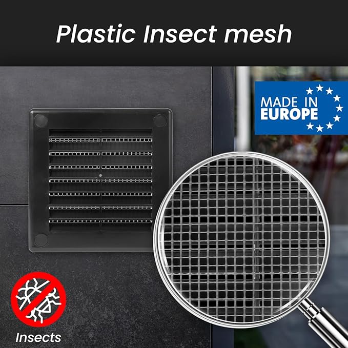 Repa Market 6 x 6 Inch (Outer) Black Square Air Vent Cover - Pack of 2 Plastic Fresh Air Intake Vent - AC Cover with Nylon Mesh Screen, Wall, Ceiling HVAC Return Air Register, Modern Soffit Vents