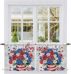 Independence Day Kitchen Tier Curtains 36 Inch Long 2 Panel Set,Rod Pocket Half Window Curtains Over Sink,4 of July Rose Wooden Grain Vintage Light Filtering Short Drapes Cafe 27.5"W x 36"L