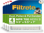 Filtrete 9.5x9.5x1 AC Furnace Air Filter, MERV 8, MPR 700, Tough on Pollen, Easy on Airflow, 3-Month Pleated 1-Inch Electrostatic Air Cleaning Filter, 4-Pack (Actual Size 9.187 x 9.187 x 0.81 in)