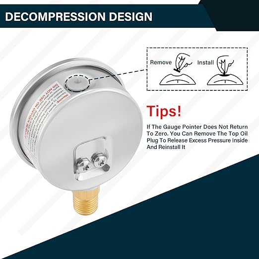 MEASUREMAN 2-1/2inch Dial Size, Oil Filled Pressure Gauge, 0-30psi/kpa, 304 Stainless Steel Case, 1/4 inchNPT Lower Mount
