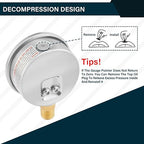 MEASUREMAN 2-1/2inch Dial Size, Liquid Filled Pressure Gauge, 0-60psi/kpa, 304 Stainless Steel Case, 1/4inNPT Lower Mount