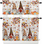 Fall Gnomes Kitchen Curtain Set, Thanksgiving Maple Leaf Grey Wood Grain Window Valance and Tiers 24" Length, Light Filtering Short Curtains Valance for Cafe Bathroom Bedroom 54"x18"