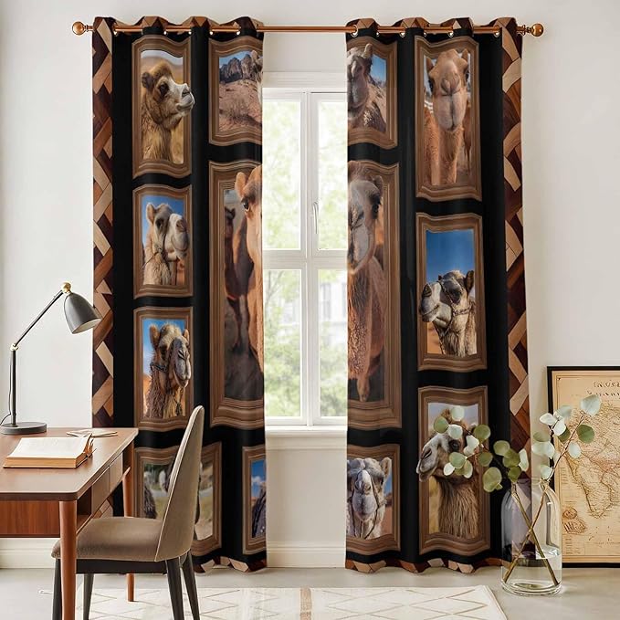 2 Panel Kitchen Cafe Curtains, Desert Camels Sunlight Filtering Nature Air Through, Home Decor Window Covering Tier Curtains for Living Room 104W x 96L inch Brown Wildlife Farmhouse Animals Rustic