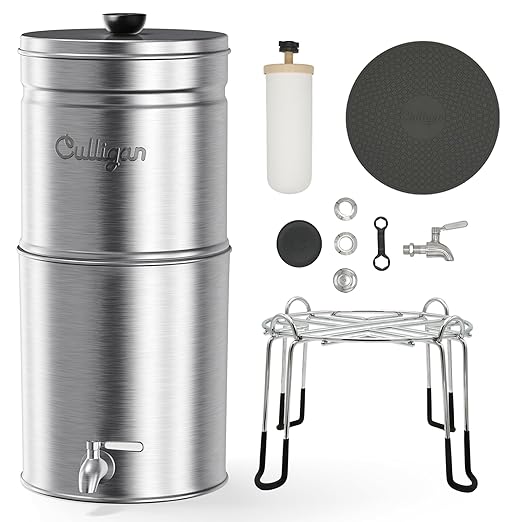 Culligan MaxClear 3 Gallon Gravity Water Filter System, Brushed Stainless-Steel Countertop Water Filter NSF/ANSI Certified to Reduce Microplastics, Lead & Total PFAS, with 1 Ceramic Filter