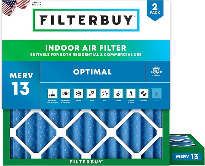 Filterbuy 18x18x2 Air Filter MERV 13 Optimal Smoke & Allergy Defense (2-Pack), Electrostatic Pleated HVAC AC Furnace Filters Replacement, Made in USA (Actual Size: 17.75 x 17.75 x 1.75)