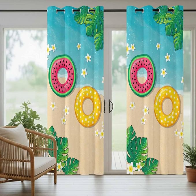 Summer Outdoor Curtains for Patio Plumeria Swimming Circles Ocean Beach Waterproof Outside Curtains with Grommet Top Weatherproof Curtain for Cabana Pergola Gazebo, 1 Panel, 54" W x 84" L