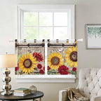 Sunflowers Kitchen Curtains 24 Inch Length, Small Window Curtains Tab Top, Retro Flower Barn Doors Butterfly Farmhouse Brown Light Filtering Short Window Treatments Tier Drapes 27.5"x24" 2 Panel