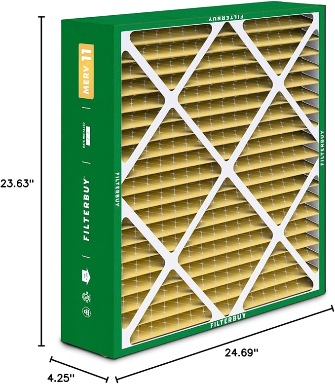 Filterbuy 24x25x5 Air Filter MERV 11 Superior Pet & Allergy Defense (3-Pack), Electrostatic Pleated HVAC AC Furnace Filters for Carrier FILXXCAR0024, Maytag & More (Actual Size: 23.63 x 24.69 x 4.25)