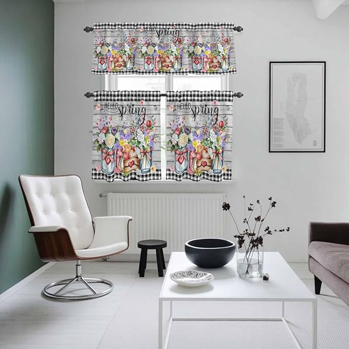 Spring Flowers Kitchen Curtains Set 3 Piece for Windows, Rod Pocket Valance and Tier Set 36 Inch Length, Farmhouse Black Plaid Wood Grain Light Filtering Cafe Curtains for Living Room Bathroom