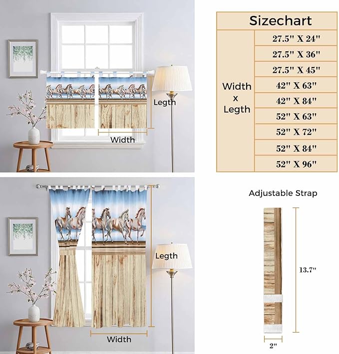 Western Horse Living Room Curtains 84 Inch Length, Window Curtains Tab Top, Farmhouse Wooden Grain Vintage Cowboy Barn Door Light Filtering Window Treatments Drapes 42"x84" 2 Panel