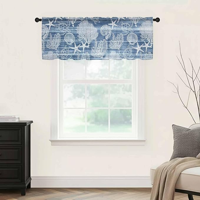 Navy Blue Retro Summer Sheer Valance Curtains, Sea Turtle Starfish Coral Ocean Light Filtering Kitchen Valances Rod Pocket Voile Curtain Window Treatment for Bedroom/Living Room/Basement 60Wx18L