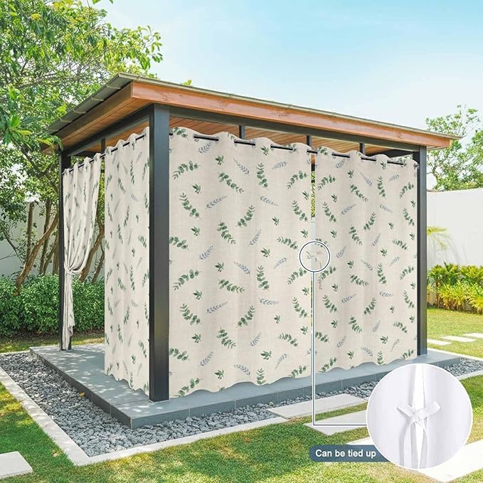 Leaf Outdoor Curtains for Patio Summer Jugal Leaves Pastoral Plant Linen Waterproof Outside Curtains with Grommet Top Weatherproof Curtain for Cabana Pergola Gazebo, 1 Panel, 54" W x 108" L
