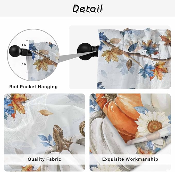 Fall Blue Maple Kitchen Curtains 54 Inch Long 2 Panel Set,Rod Pocket Window Curtains Panels,Thanksgiving Pumpkins Daisy Country Leaves Light Filtering Privacy Draperies for Bedroom Laundry 42"W x 54"L
