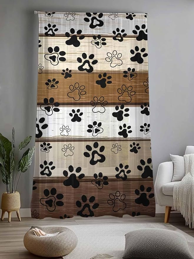Sheer Curtains 84 Inches Long, Brown Beige Farmhouse Semi Sheer Curtains Light Filtering Window Treatment, Black Dog Paw Vintage Wooden Privacy Voile Drapes for Living Room Bedroom 52x84 Inch