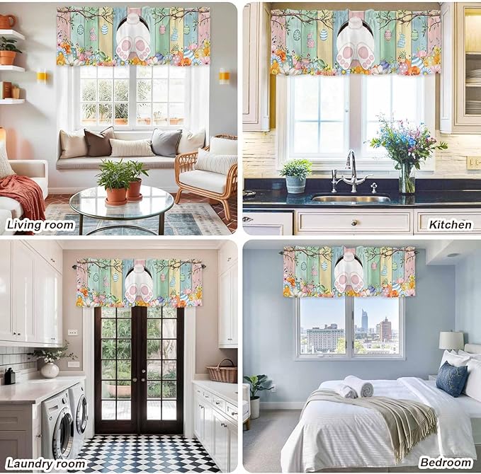 Easter Curtain Valances for Windows, Kitchen Valance Window Treatment, Spring Colorful Bunny Eggs Flower Wood Grain Light Filtering Block Curtains for Bathroom/Bedroom/Living Room 42'' x 18''