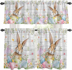 Kitchen Curtains Tiers and Valance Set of 3, Easter Light Filtering Window Curtain Set, Rustic Spring Bunny Eggs Botanical Grey Wooden Rod Pocket Curtain Drapes for Cafe, Living Room, 36 Inches Tiers