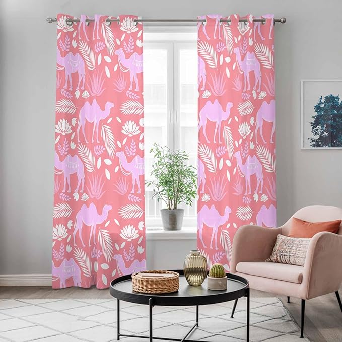 2 Panel Kitchen Cafe Curtains, Desert Camel Sunlight Filtering Nature Air Through, Home Decor Window Covering Tier Curtains for Living Room 80W x 84L inch Vintage Sand Camel Leaves Flower Pattern Pink