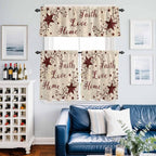 Kitchen Curtains Tiers and Valance Set of 3, Vintage Country Light Filtering Window Curtain Set, Vintage Rustic Texas Stars Plants Branch Rod Pocket Curtain Drapes for Living Room, 36 Inches Tiers