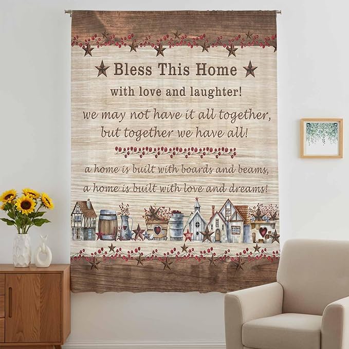 Farmhouse Sheer Curtains 54 Inch Length Brown Country Star Berry Vintage Wood Grain Chiffon Curtain for Bedroom Living Room Light Filtering Window Treatments Voile Curtains Drapes for Kitchen