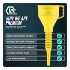 TEC Products FlexAll Long Flexible Funnels - Automotive Oil Funnel with Hose, Durable Nitrile Rubber for Oil Change, Transmission Funnel Fluid, Diesel, Fuel, Gas - Made in USA - Yellow (12 x 4 Inches)