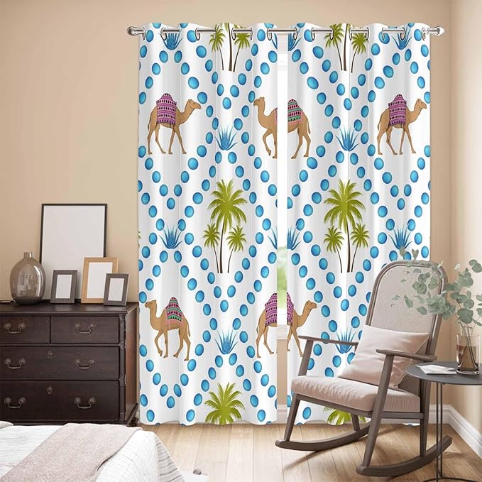2 Panel Kitchen Cafe Curtains, Camels Palm Trees Sunlight Filtering Nature Air Through, Home Decor Window Covering Tier Curtains for Living Room 104W x 90L inch Tropical Desert Animal Plants Polka Dot