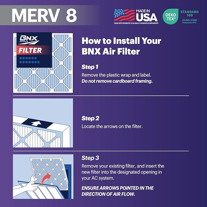 BNX TruFilter 16x25x4 (15.5’’ x 24.5’’ x 3.63‘’ Slim Fit) MERV 8 Air Filter 2-Pack - MADE IN USA - Air Conditioner Furnace Filters HVAC AC Furnace Filters for Dust, Pet, Mold, Pollen MPR 600-700 FPR 5
