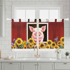 Pigs Sunflowers Kitchen Curtains 36 Inch Length, Small Window Curtains Tab Top, Farmhouse Red Barn Flowers Animals Light Filtering Short Window Treatments Tier Drapes 27.5"x36" 2 Panel
