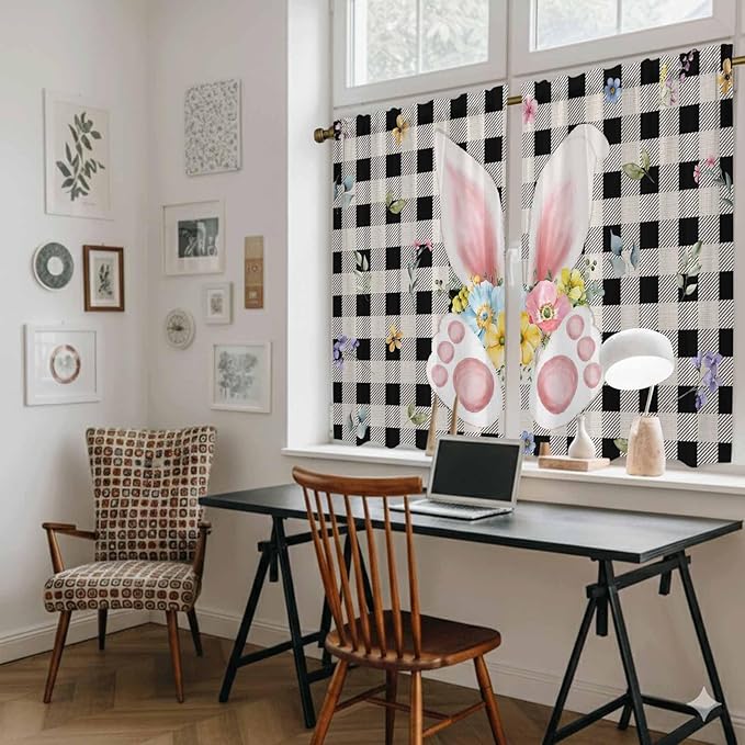 Easter Kitchen Curtains 54 Inch Long 2 Panel Set, Rod Pocket Window Curtains Panels, Spring Rabbits Ears Feet Wildflowers Black Plaid Light Filtering Privacy Draperies for Bedroom Laundry 42"W x 54"L