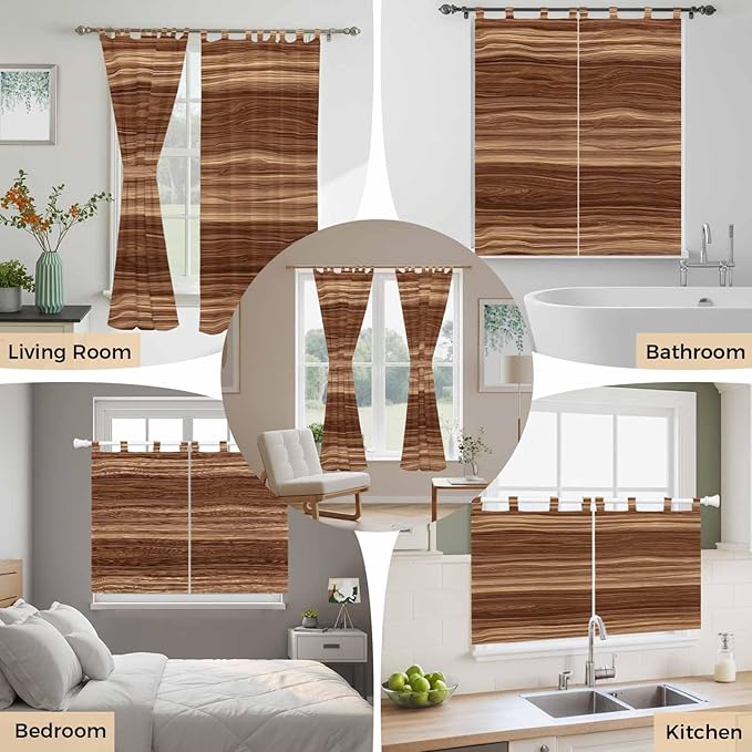 Brown Western Bathroom Curtains 63 Inch Length, Window Curtains Tab Top, Vintage Farmhouse Wood Barn Door Light Filtering Window Treatments Drapes 52"x63" 2 Panel